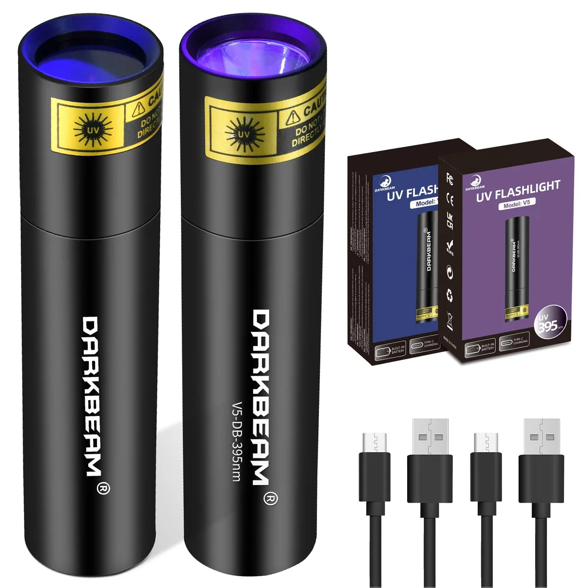 Two small aluminium UV flashlights with USB-C ports and lanyards