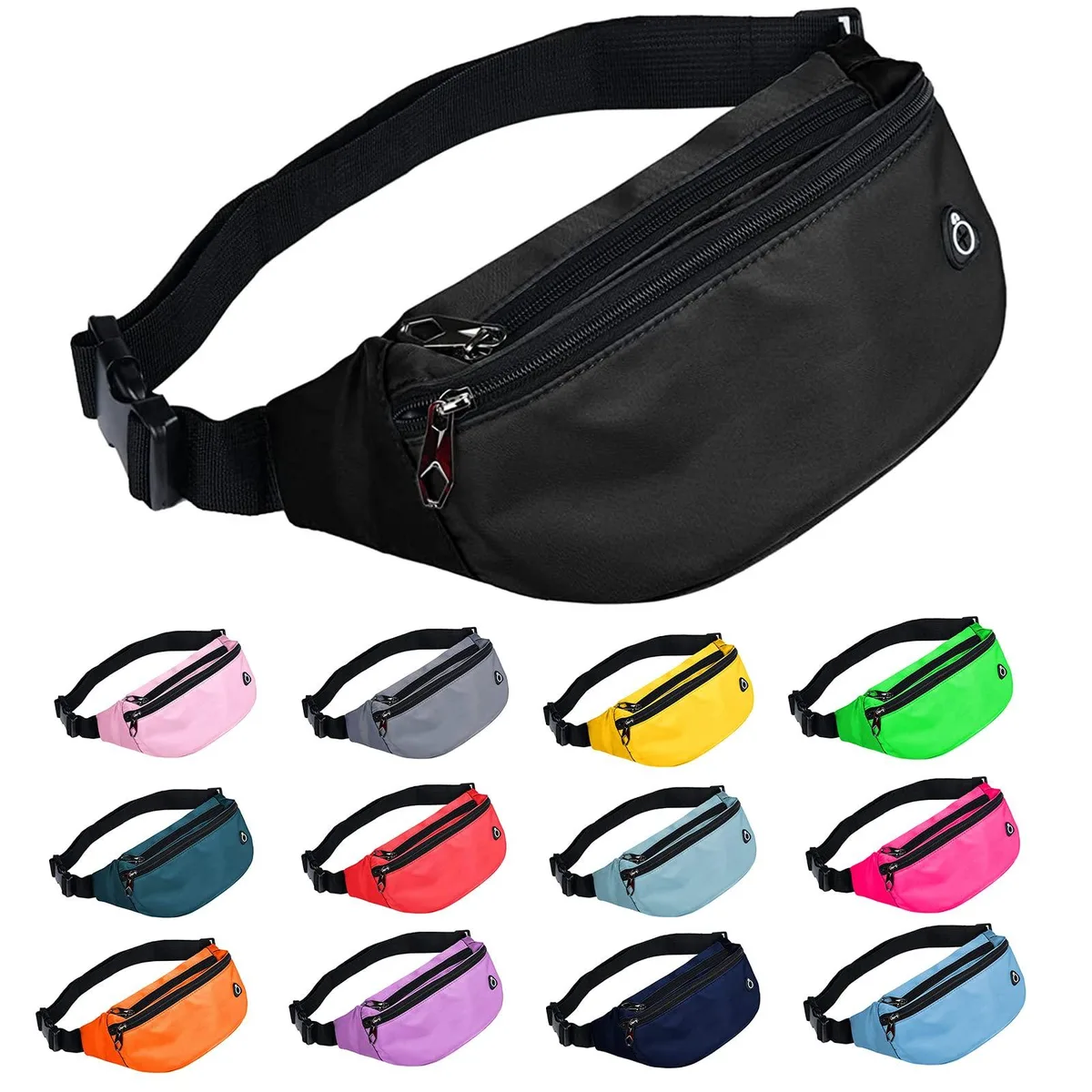 Black nylon waist pack with three zippered compartments and adjustable strap