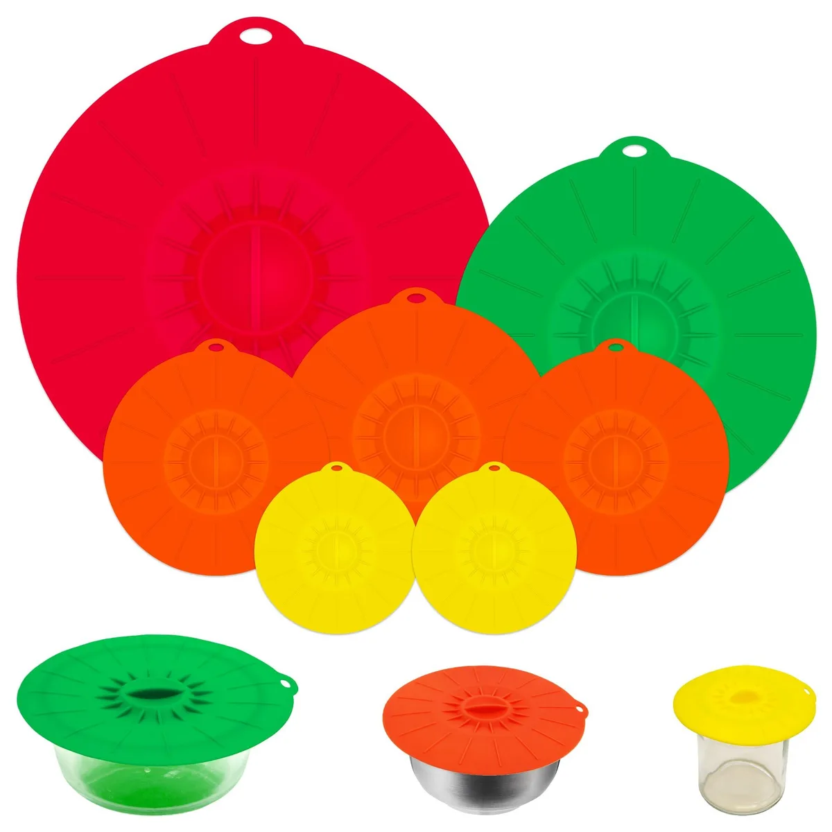 Set of seven stretchy silicone lids in five sizes, translucent finish, nested together