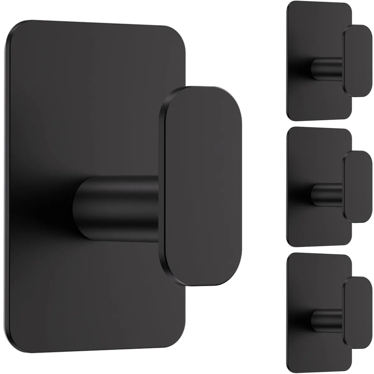 Four black square stainless steel adhesive wall hooks with rounded edges
