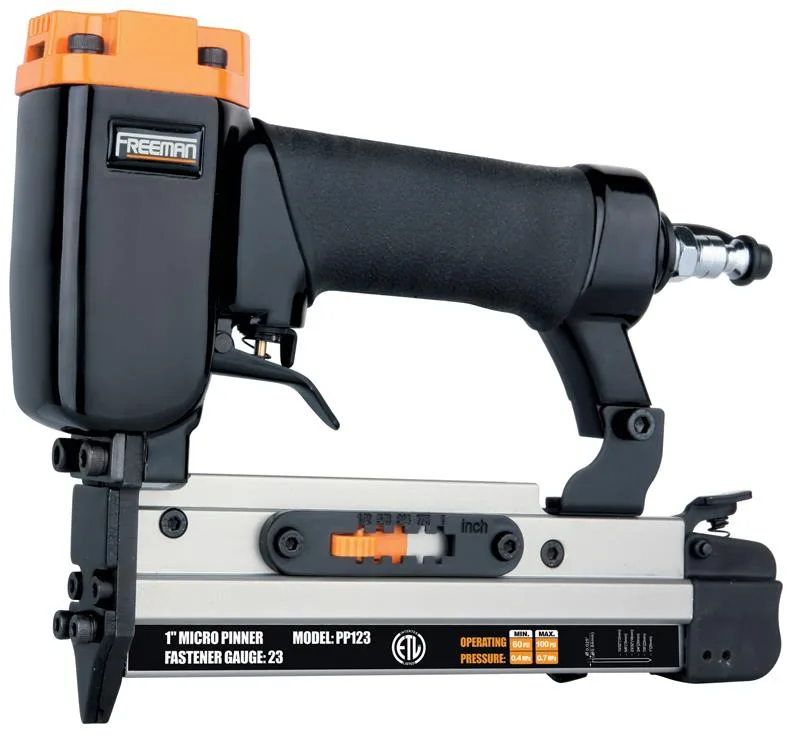 Lightweight silver air nailer with anodized aluminium magazine, compact pistol grip, and included safety goggles
