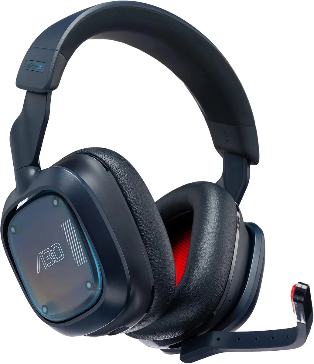 Navy and red wireless gaming headset with padded earcups and headband