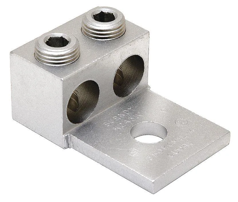 Two aluminium lugs side by side with slotted heads and single mounting holes