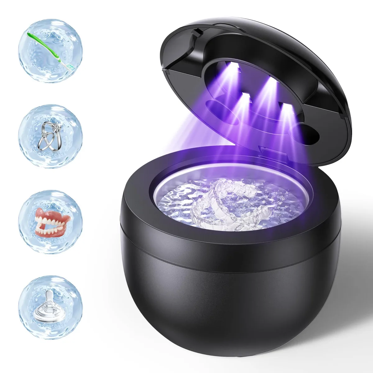 Compact white ultrasonic cleaner pod with digital display and UV-C lights