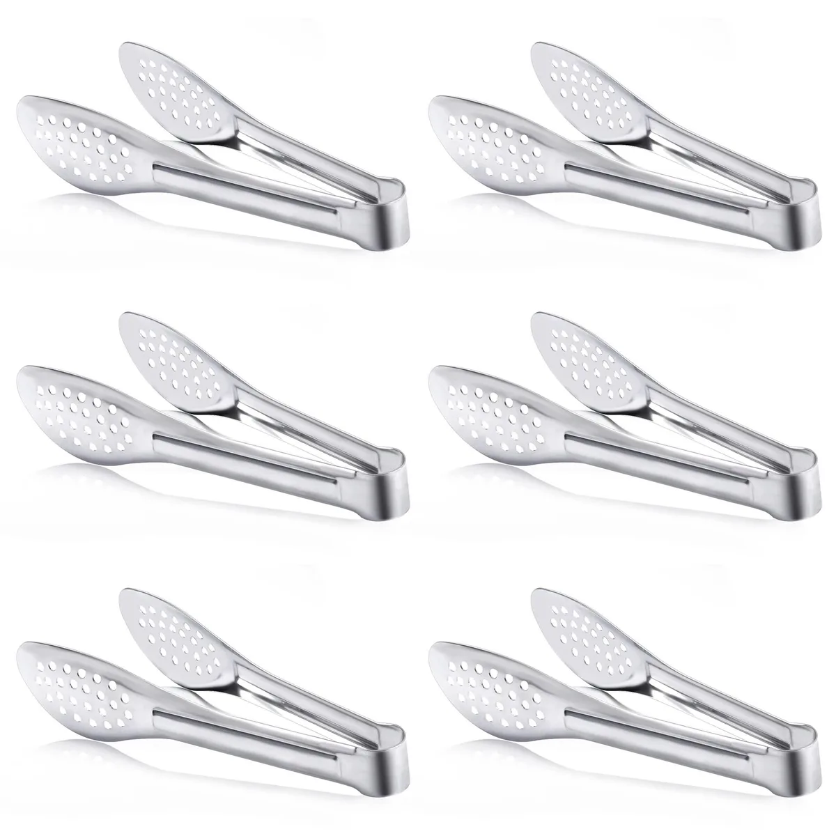 Six stainless steel serving tongs with mirror-polished finish and perforated grip ends