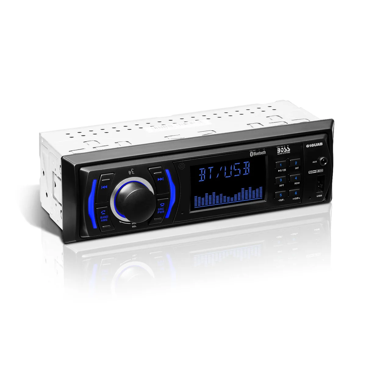 Black single-DIN car stereo face with buttons display and USB aux ports