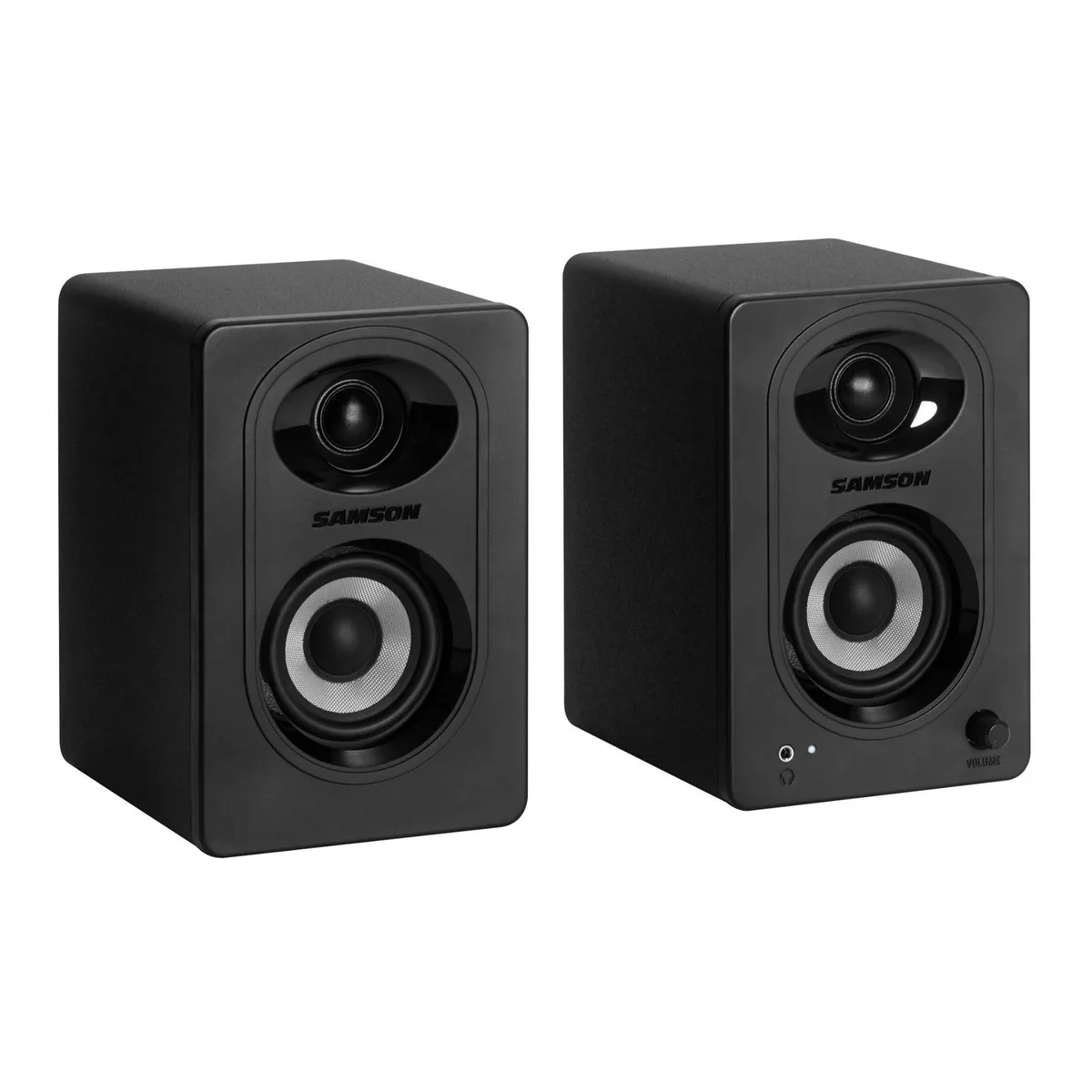Pair of black vinyl studio monitors with woven carbon fiber woofers and silk dome tweeters