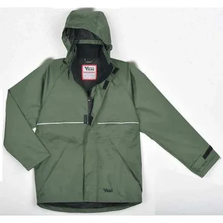 Green 420D nylon rain jacket with detachable hood and hook-and-loop front