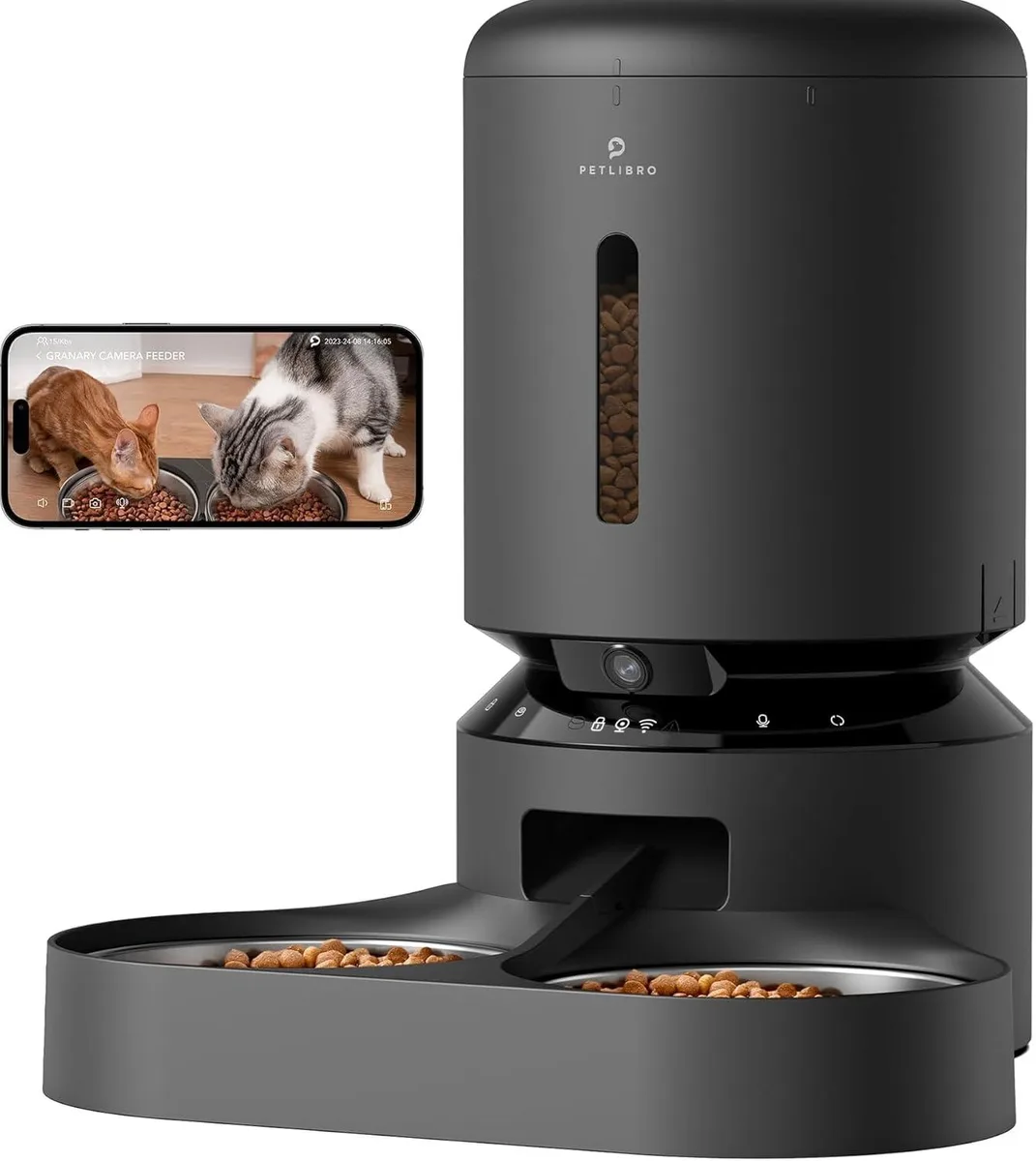 Black automatic pet feeder with dual trays and front camera lens