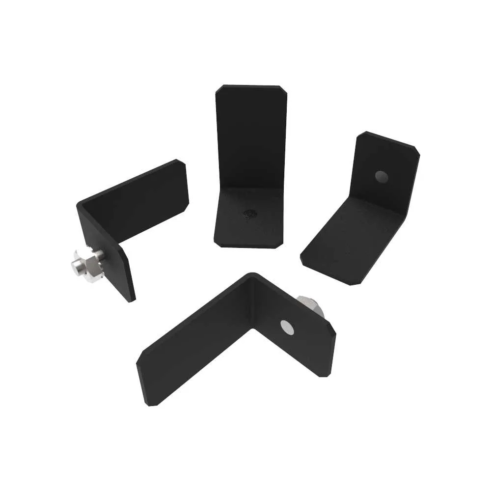 Four metal L-shaped brackets with mounting holes, brushed silver finish