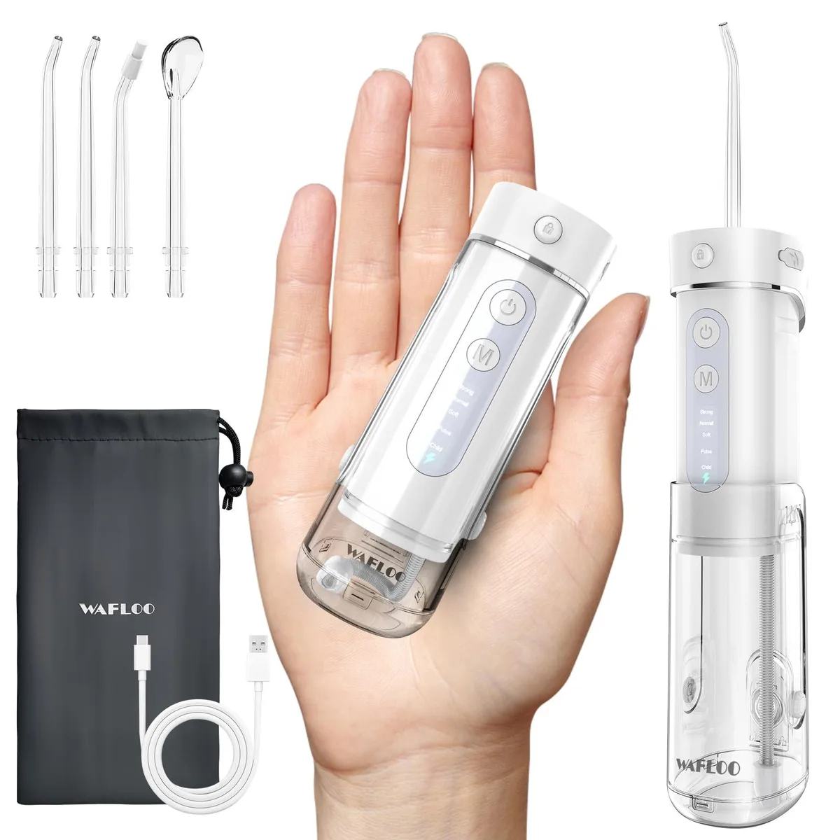 White cordless water flosser with detachable tank and travel case