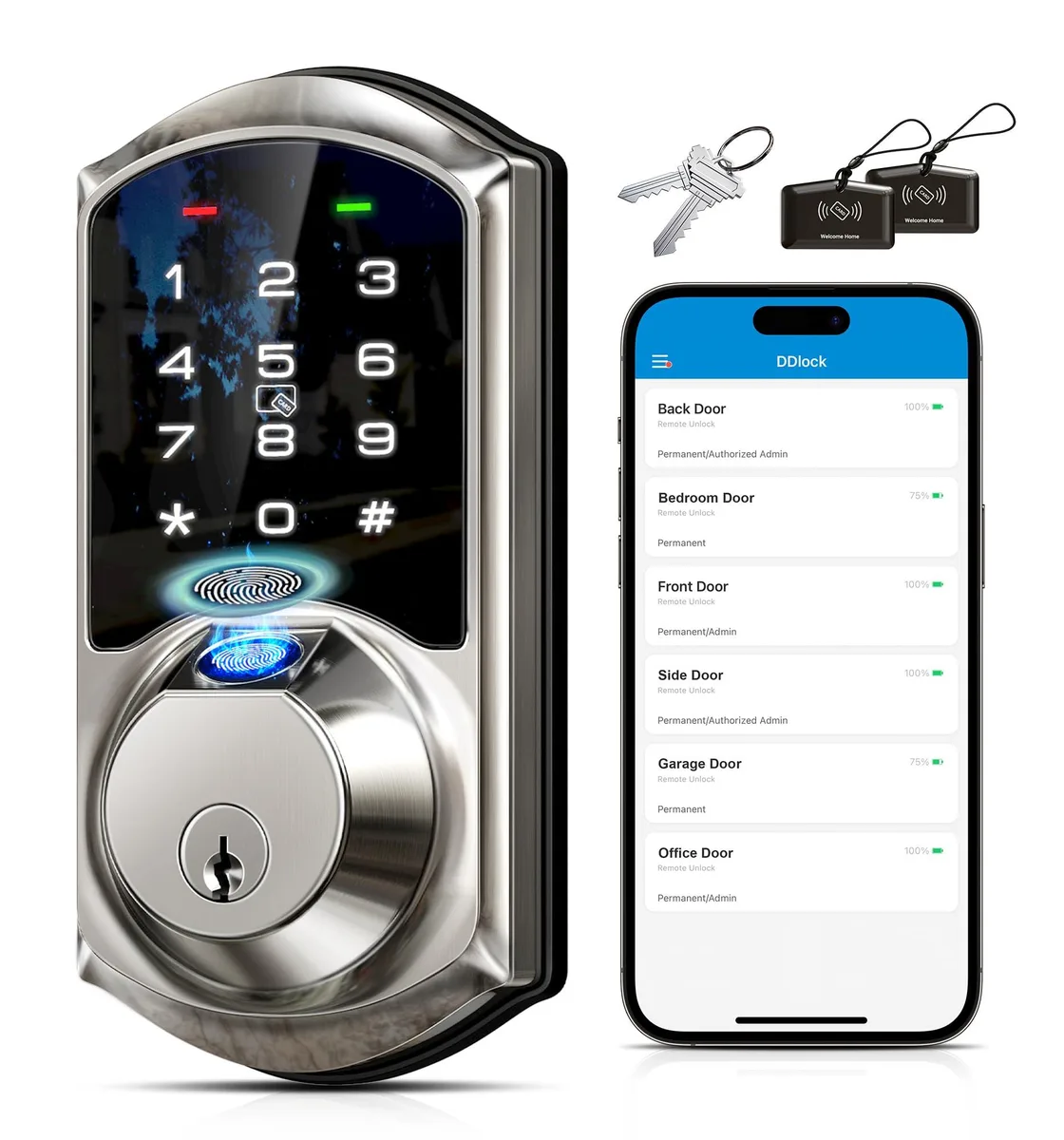  Meterk VE07 Fingerprint Smart Door Lock, Satin Nickel, 7-in-1 Keyless Entry — product photo