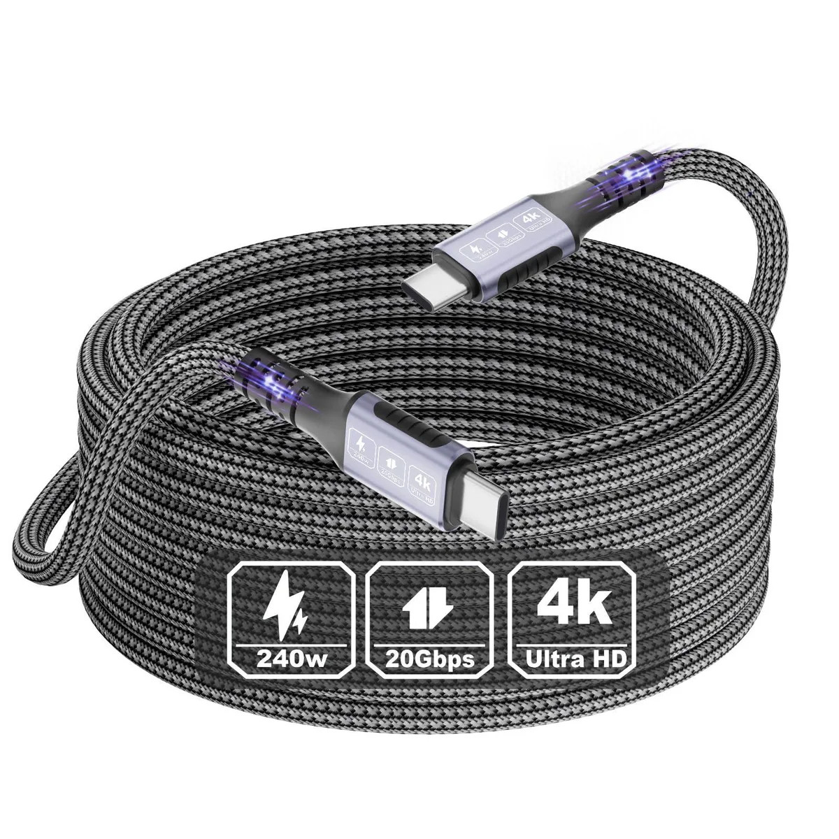 Black braided USB-C cable, 20 ft long, USB-C connectors both ends