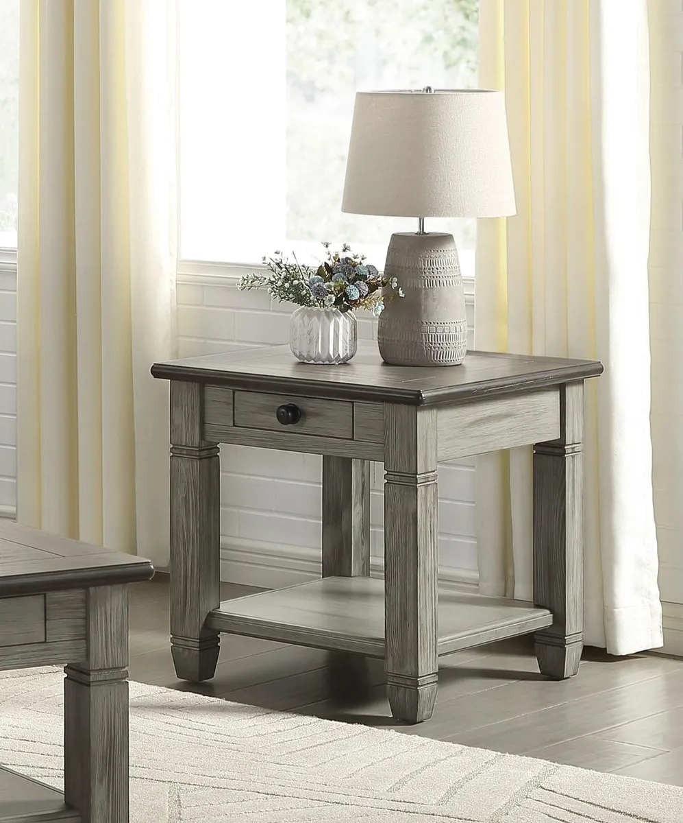 Wooden end table in coffee and antique gray with drawer and lower shelf