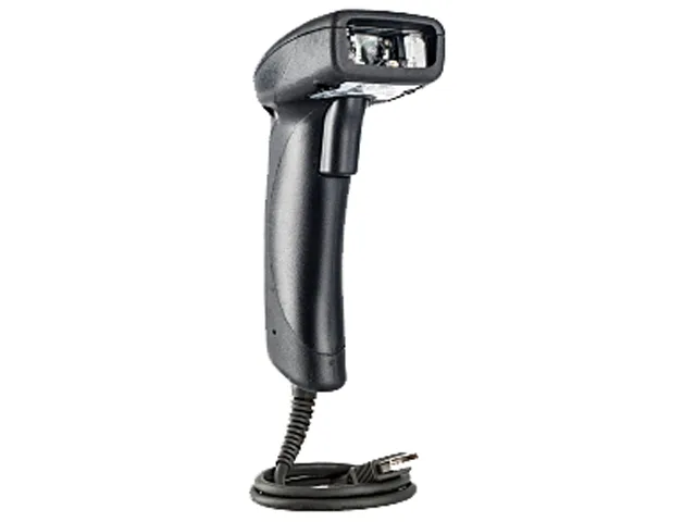 Black handheld barcode scanner with USB cable and stand
