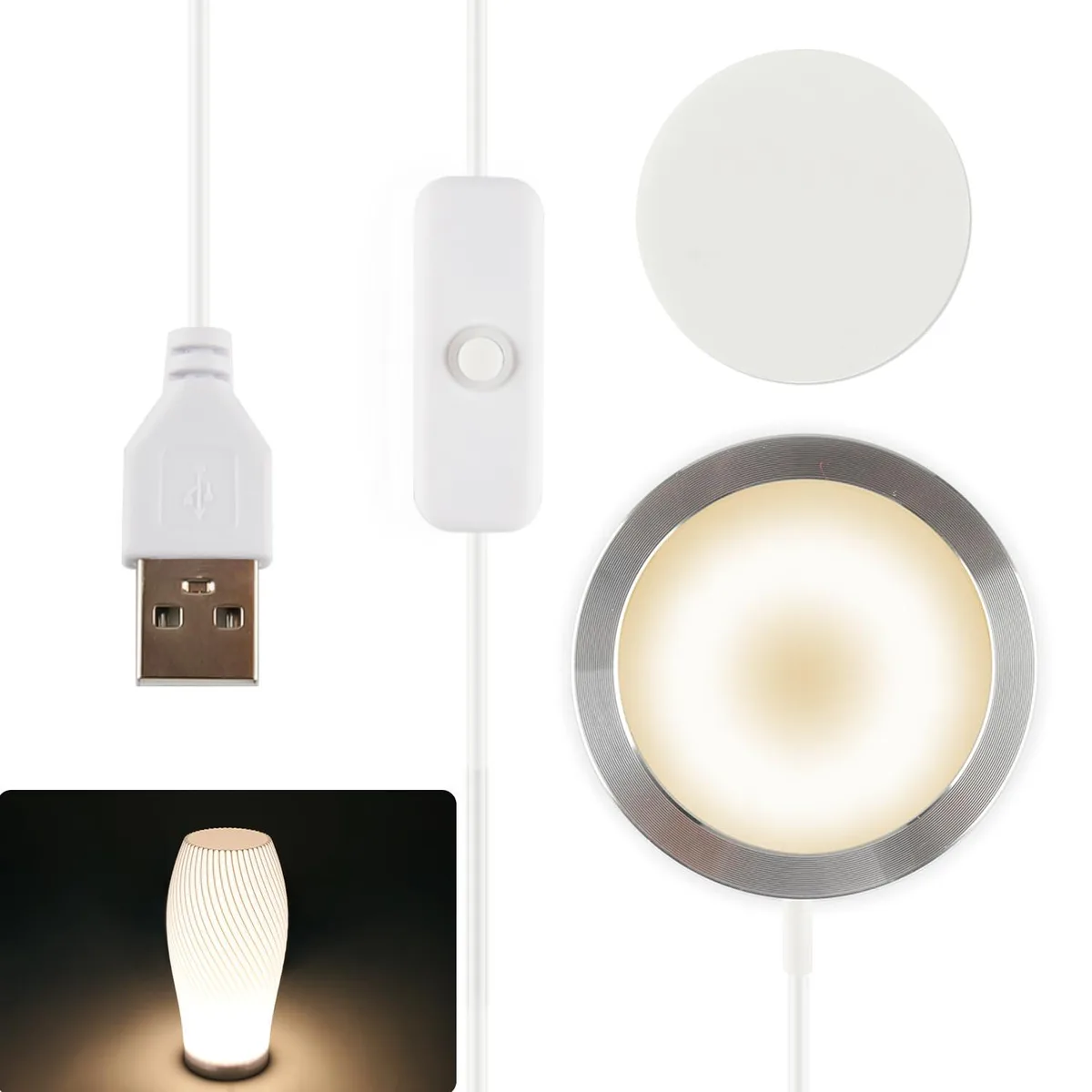 Small square aluminium LED module with USB plug and switch, warm white light