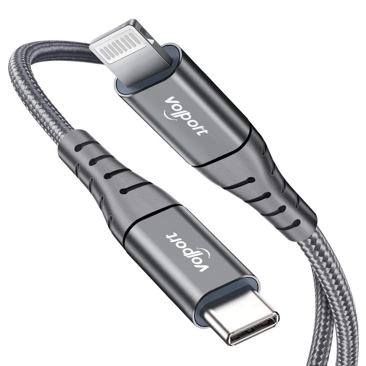 Grey nylon-braided USB-C to Lightning cable 3.3 ft with silver connectors