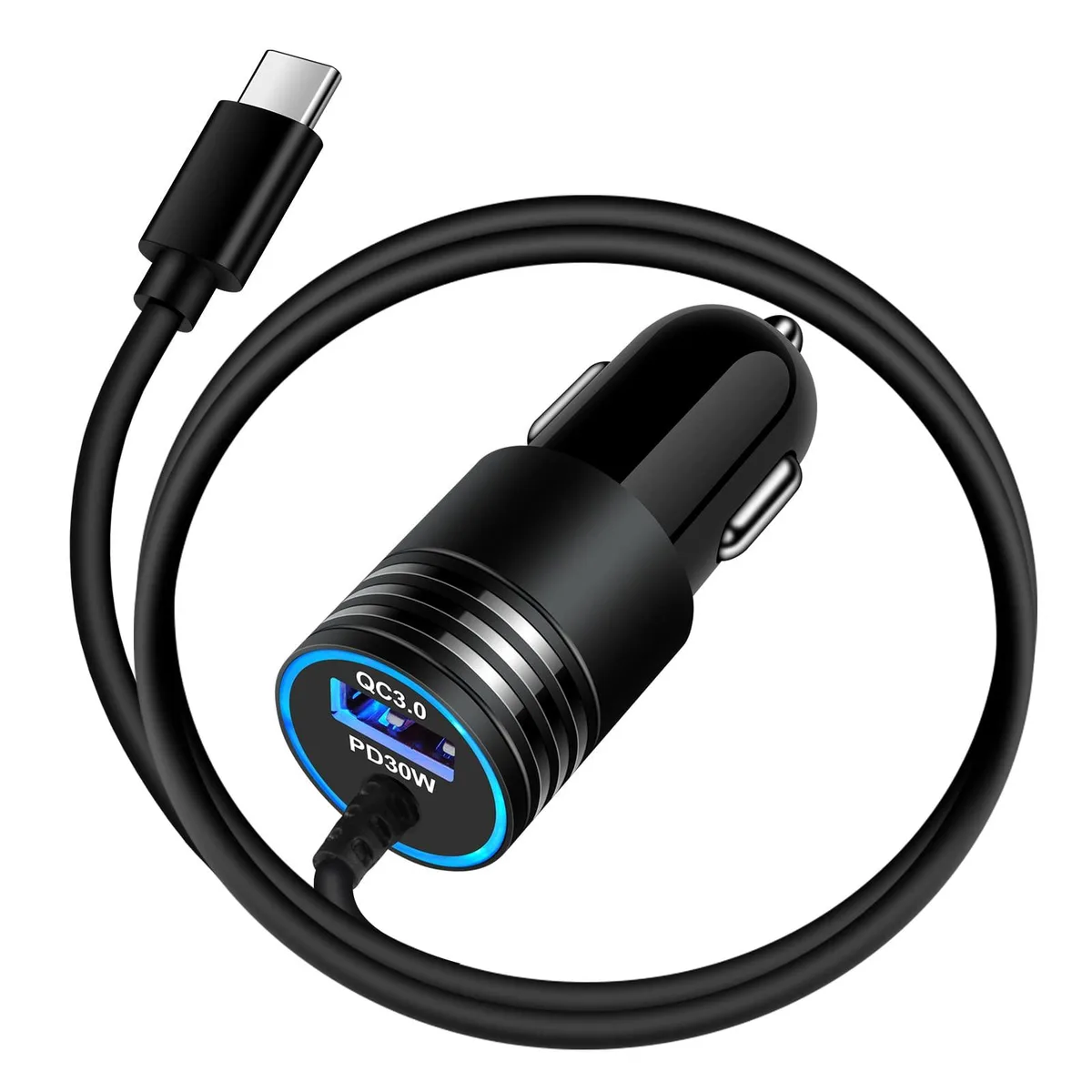 Compact car charger with USB-C cable and blue LED indicator light