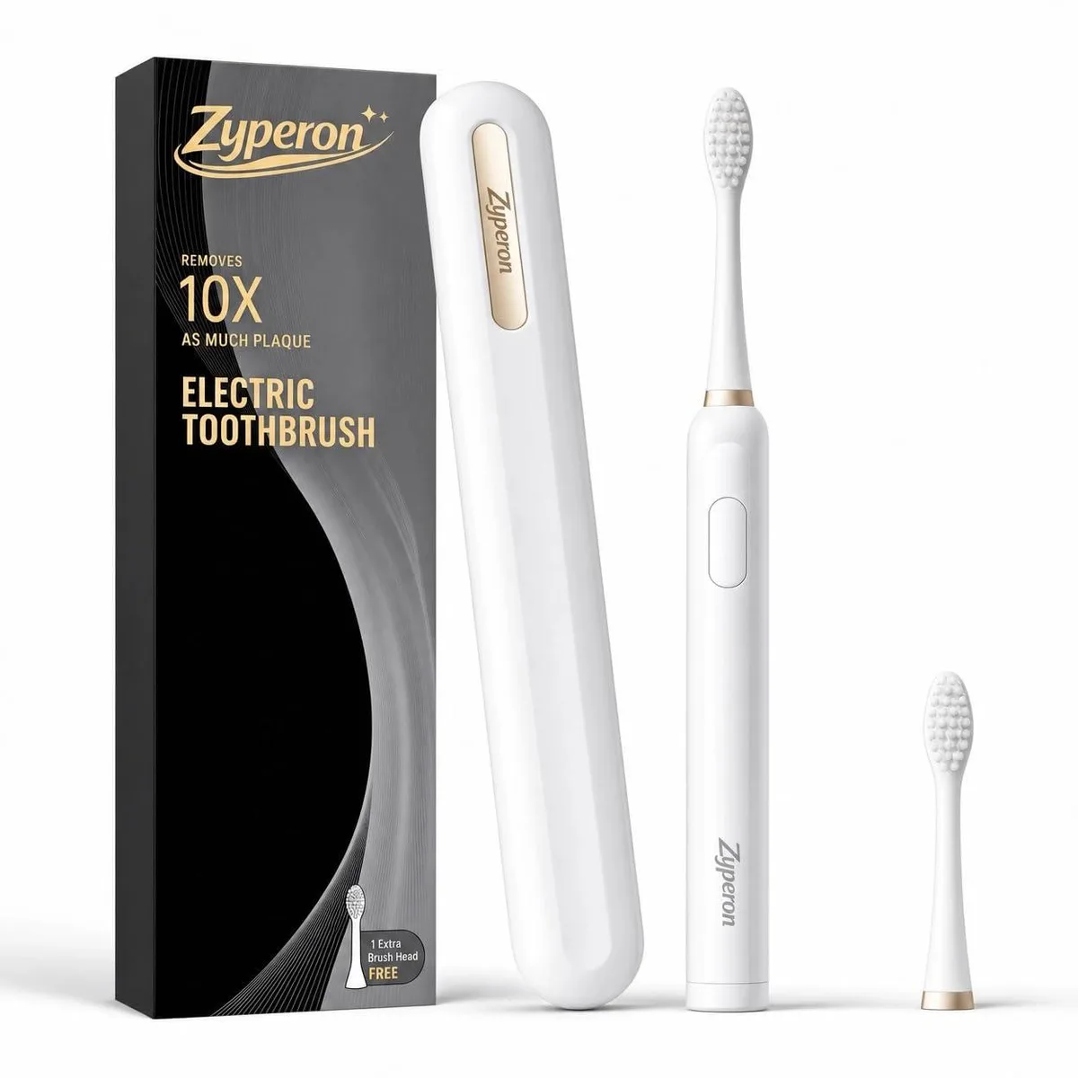 White electric toothbrush with gold accents, travel case and extra brush head
