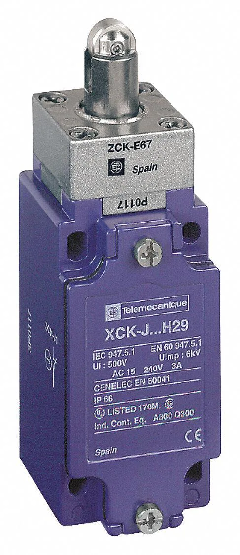 Heavy-duty limit switch with top-mounted roller plunger in grey metal housing