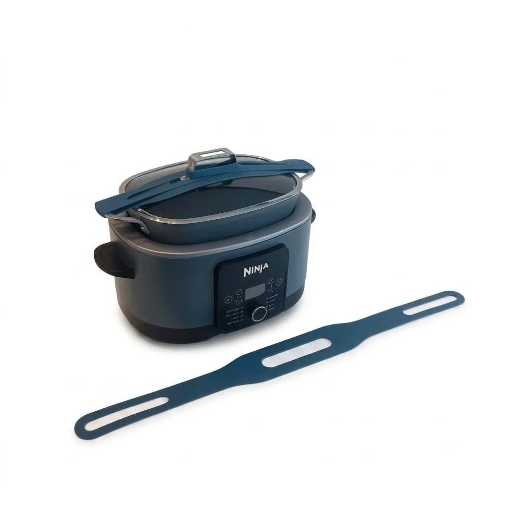 Two flexible silicone straps with loops for securing slow cooker lids
