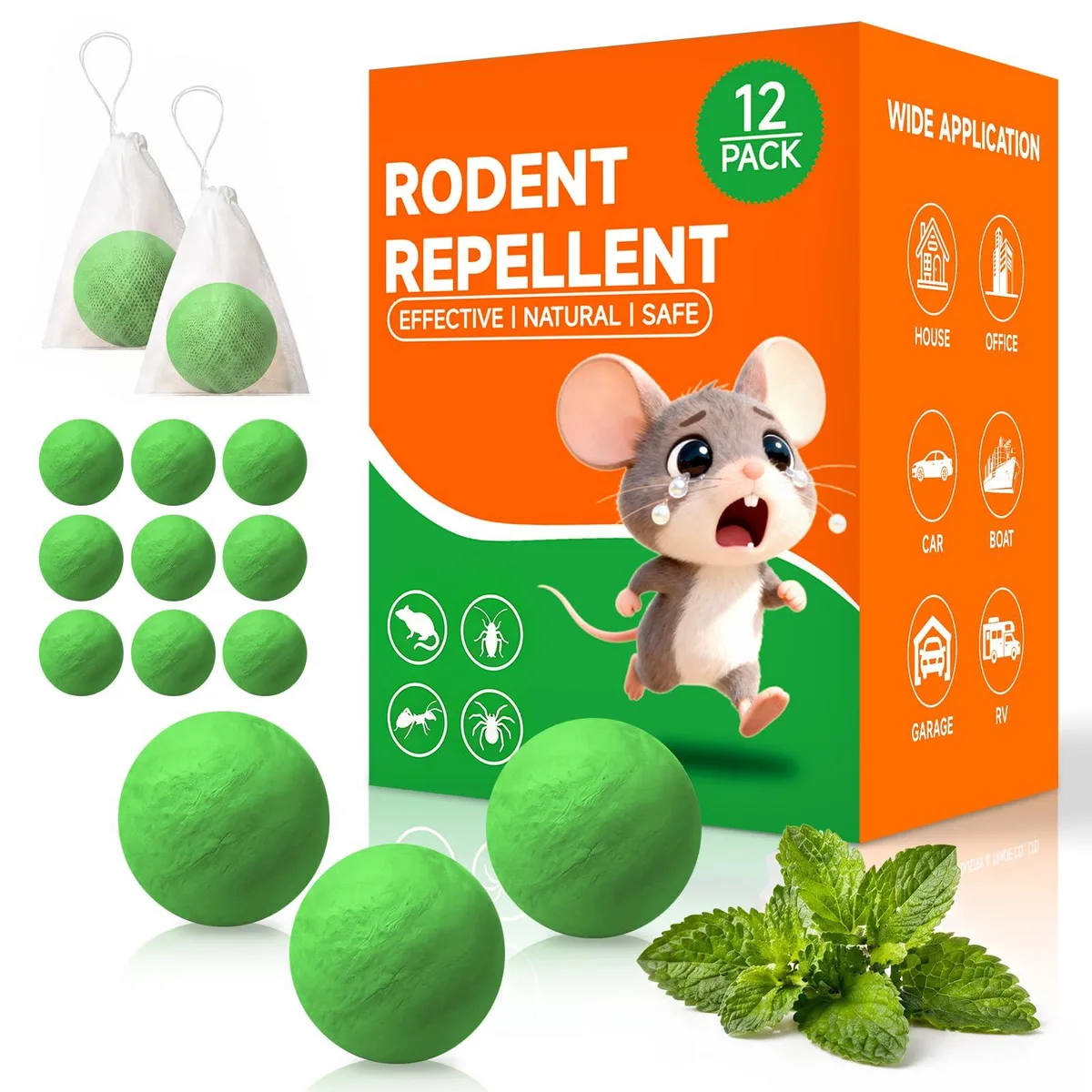 Twelve peppermint oil repellent balls in a pack