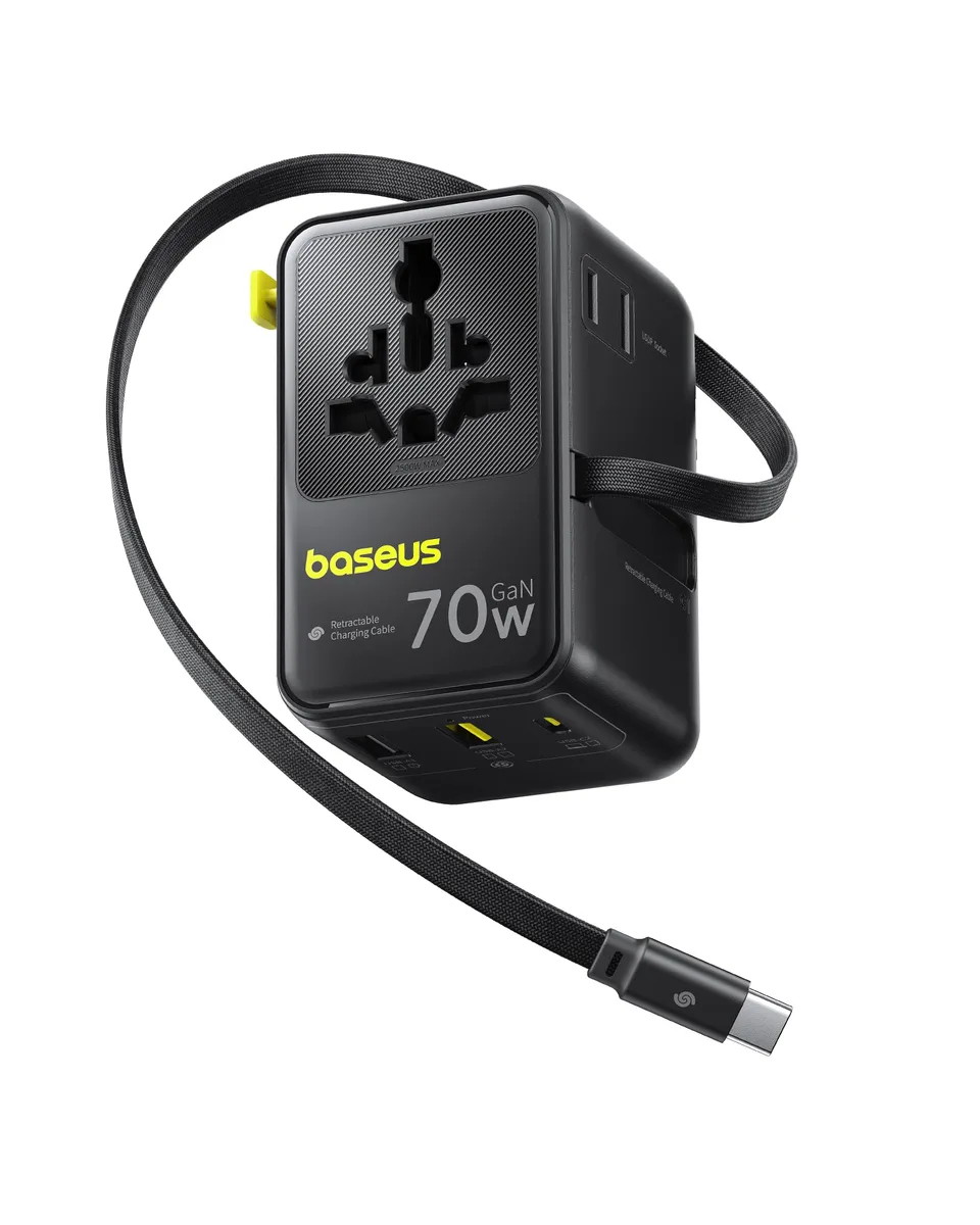 Black compact travel adapter with retractable USB-C cable and sliding plug selectors