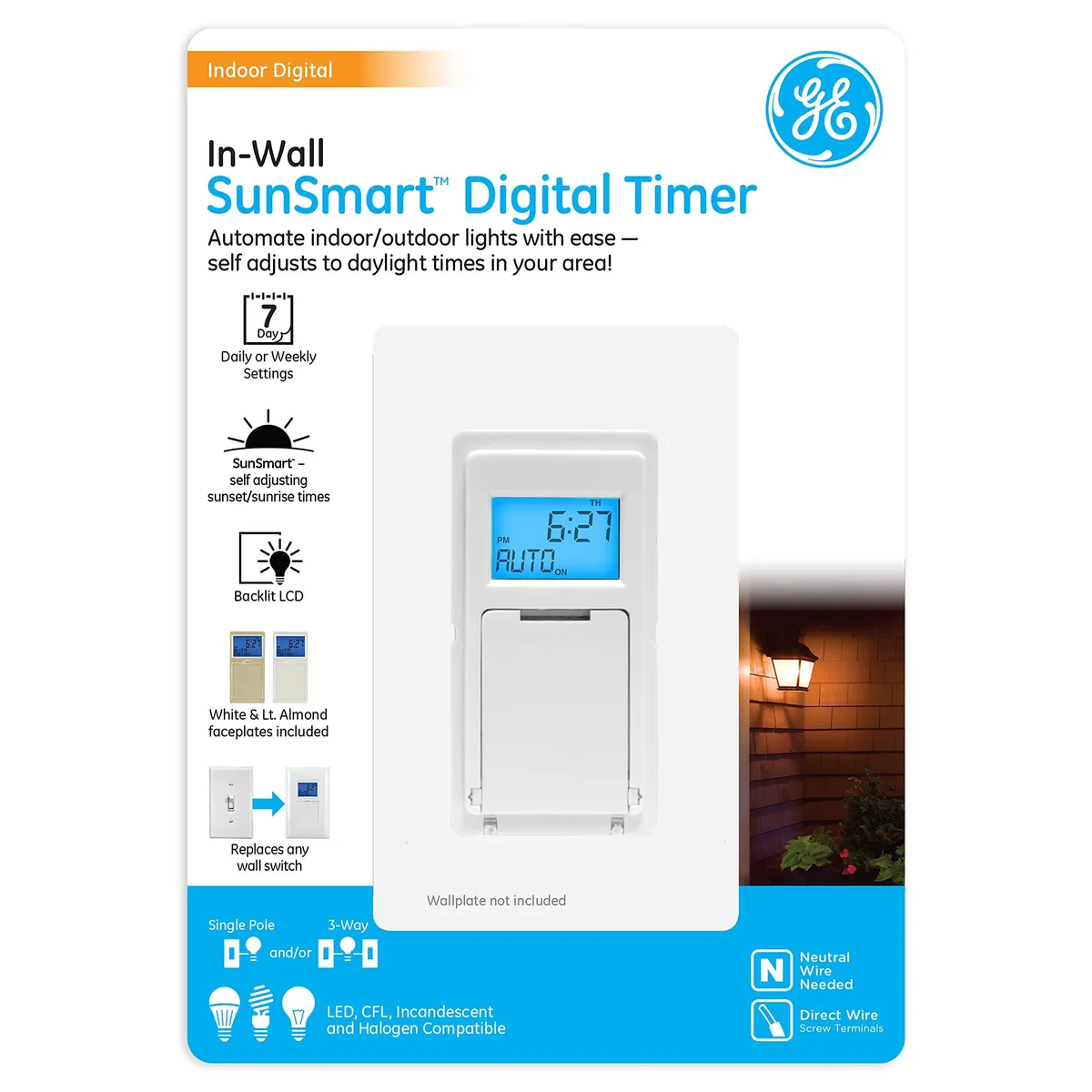 White rectangular in-wall digital timer switch with rocker button and LCD display