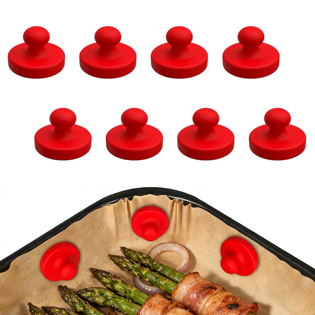 Eight red silicone magnetic buckles for air fryer liners