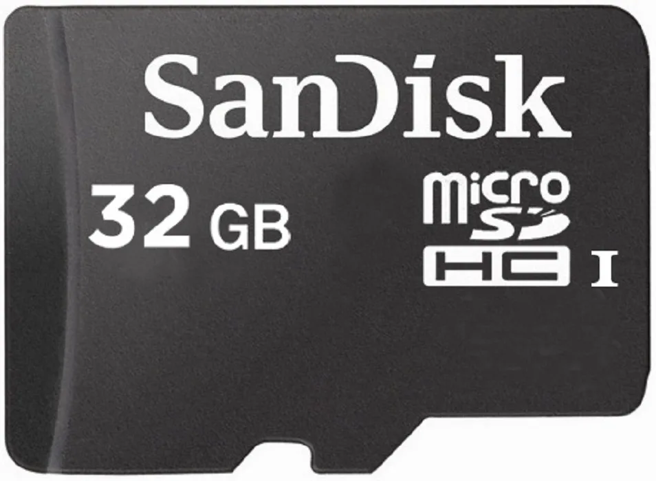 Small black microSDHC card with SanDisk branding and 32GB label