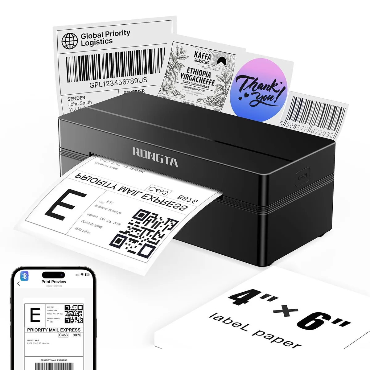 Compact white thermal label printer, rectangular box shape with label roll visible inside