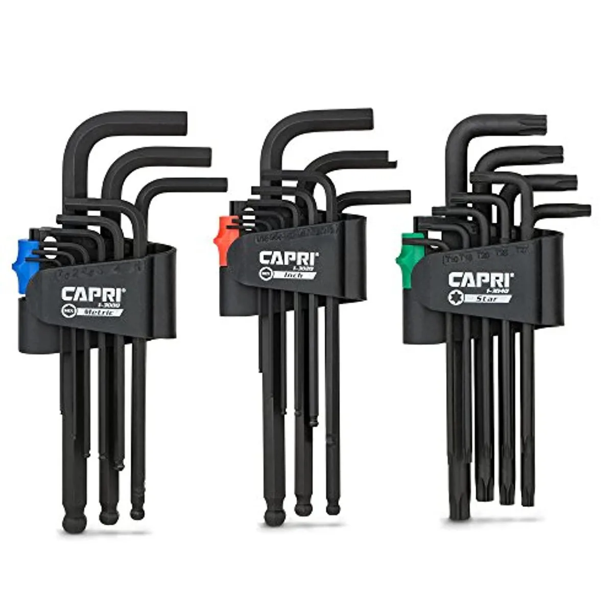 Set of long-arm hex and Torx keys in black oxide finish with flat-folding storage case