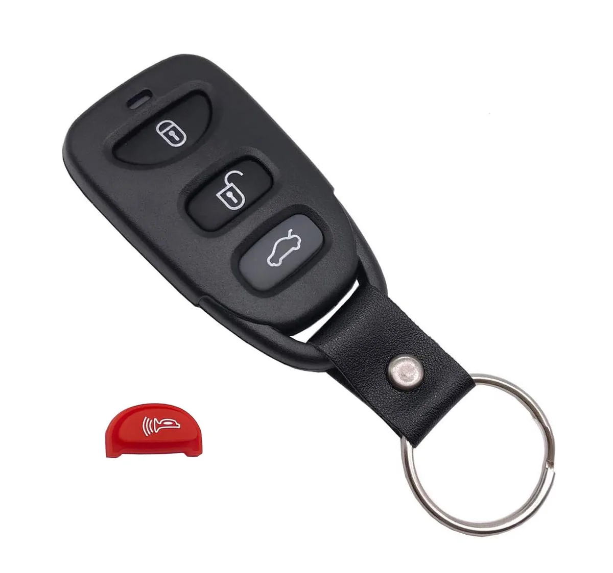Empty black plastic key fob shell with four buttons including panic, no electronics inside