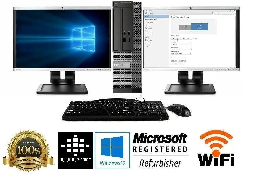 Small black desktop tower with dual 22 inch monitors