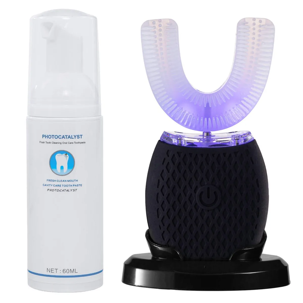 White U-shaped silicone toothbrush body on a wireless charging base with four brush heads