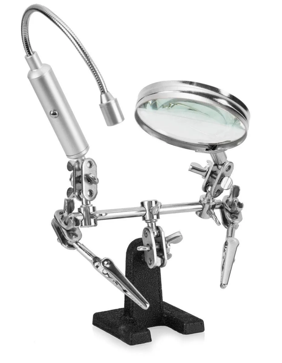 Black fiberglass helping-hand stand with magnifying lens, LED, two alligator clips, adjustable ball joints, heavy cast-iron base
