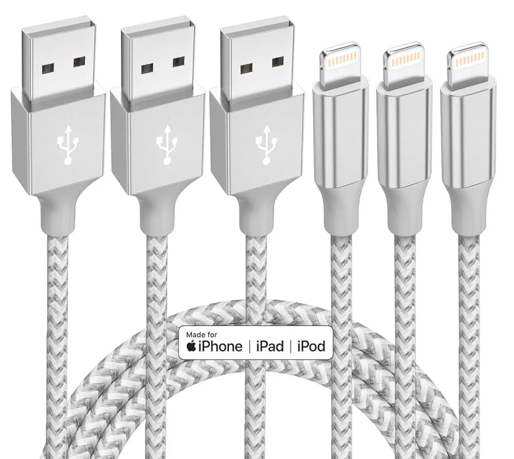 Three white 10 ft braided nylon Lightning cables with USB-A plugs