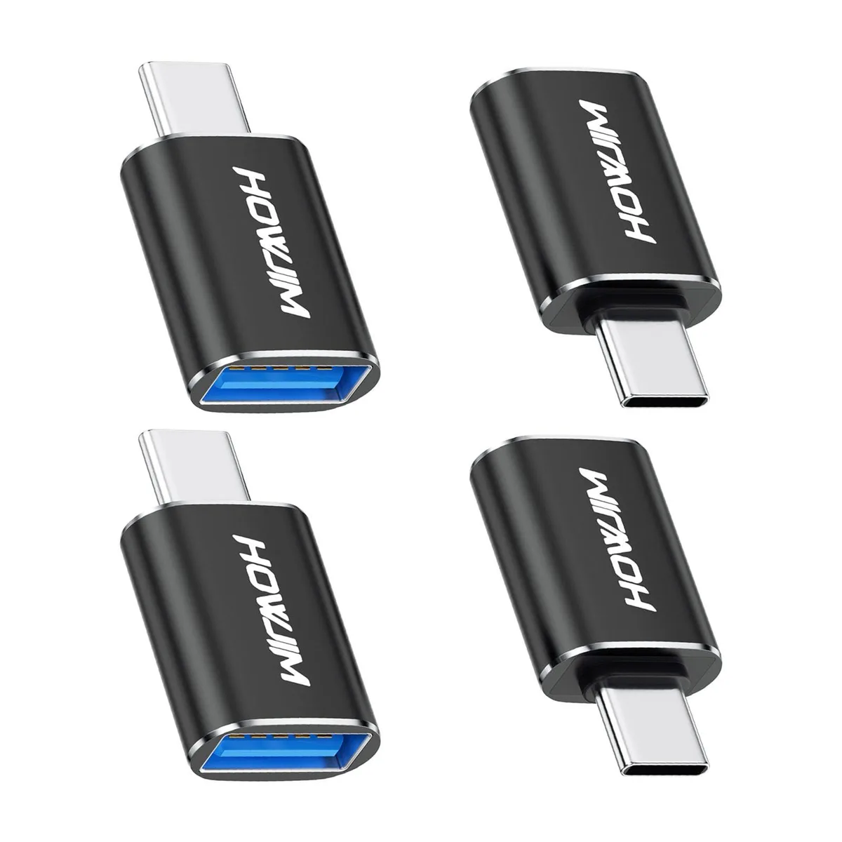Four small black USB-C to USB-A adapters with aluminum finish