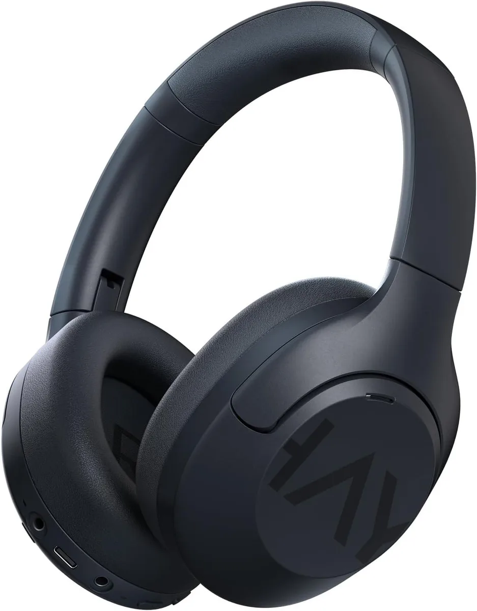 Over-ear headphones with leatherette ear cups, foldable headband, matte finish