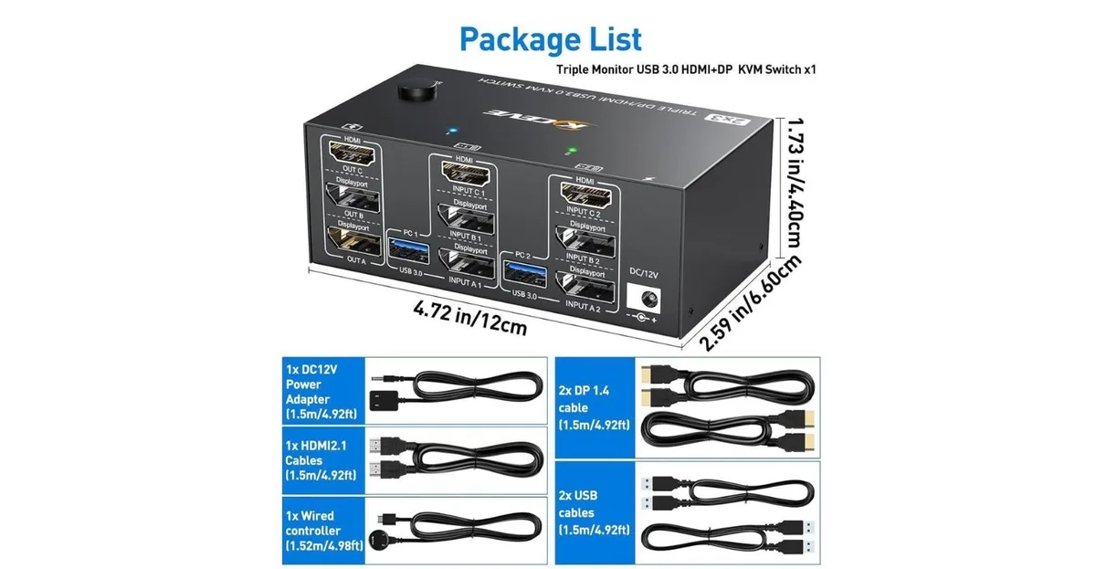 Aomoproing Aomoproing Triple Monitor KVM Switch 2 DP 1.4 + HDMI 2.1 3 Monitors 2 PCs — product photo