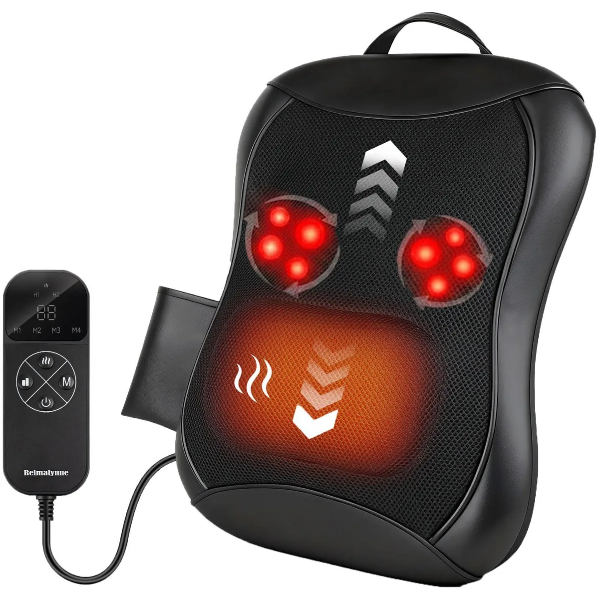 Black rectangular massage pillow with faux leather finish, corded electric, 9.64 by 6.41 by 6.69 inches
