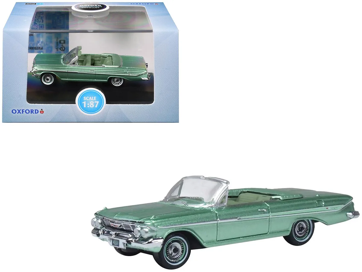 Oxford Diecast Oxford Diecast 1961 Chevrolet Impala Convertible Arbor Green Metallic Green Interior 1/87 HO Diecast Model Car — product photo