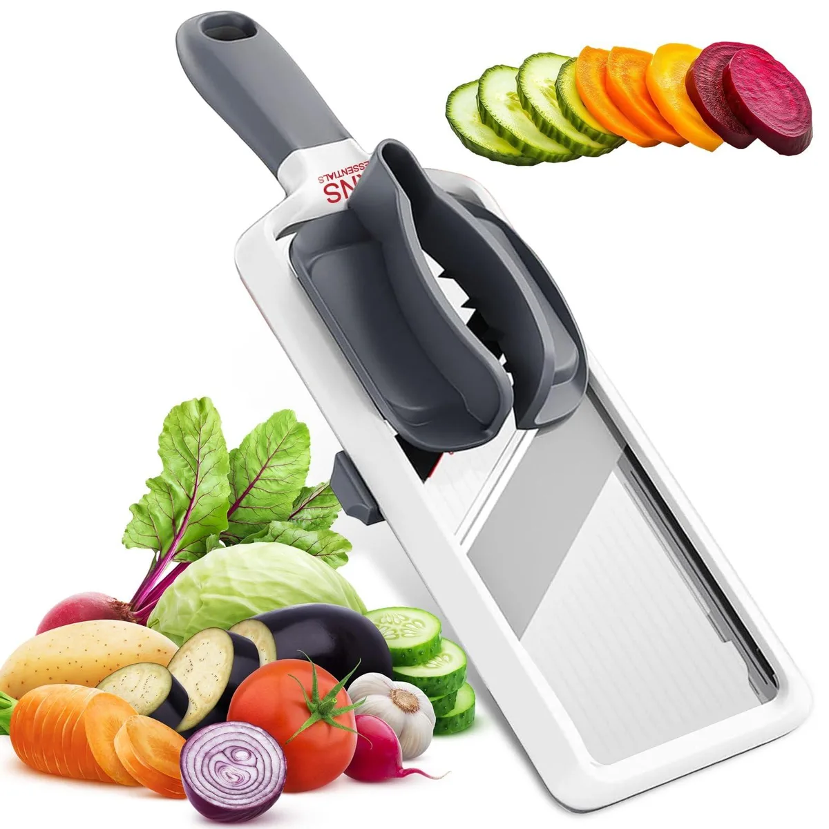 Grey mandoline slicer with stainless steel blades and comfort grip handle