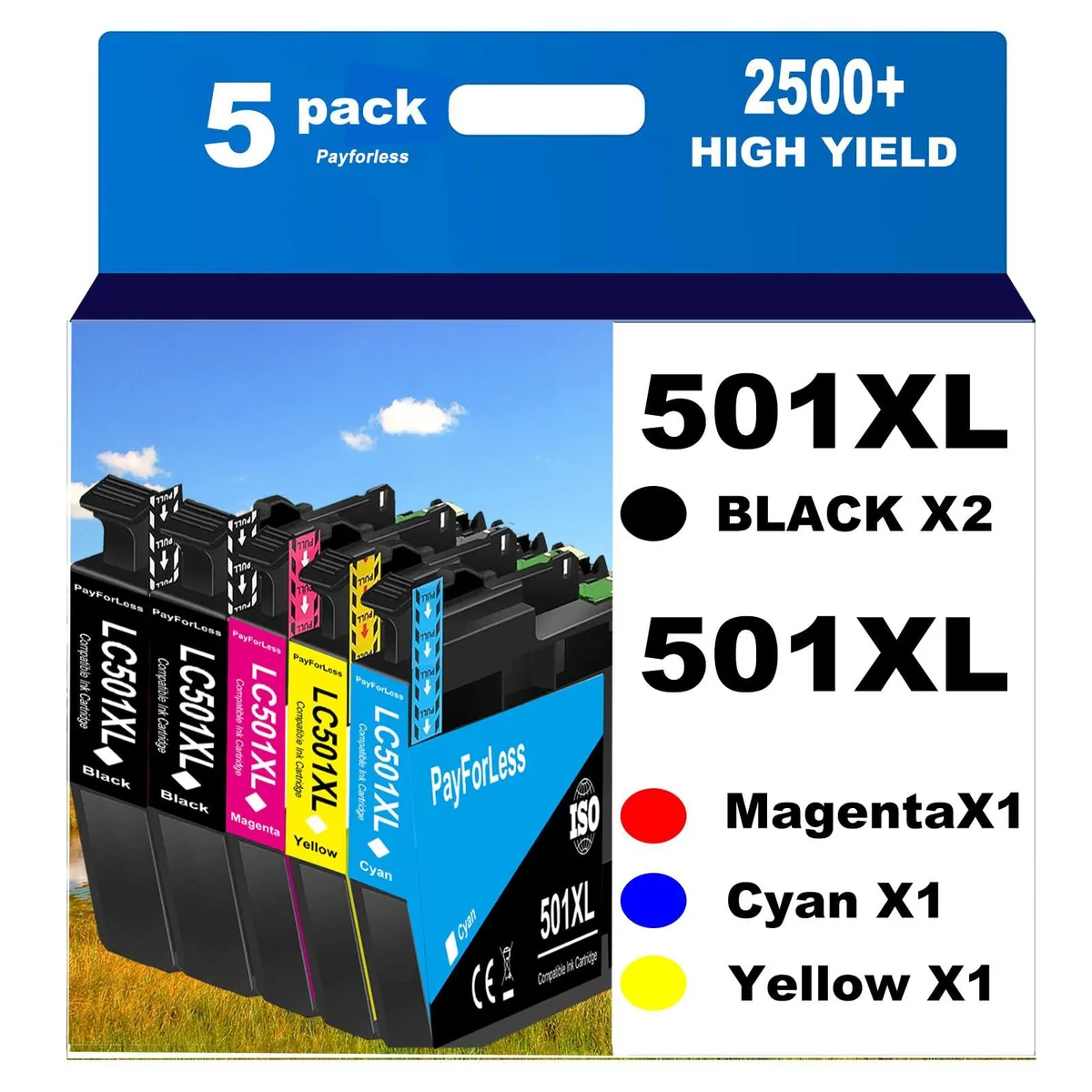 Five ink cartridges in black cyan magenta yellow packaging