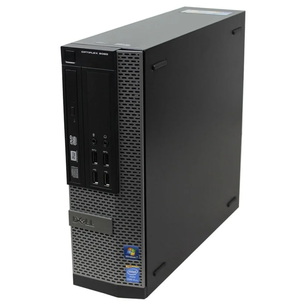 Black small-form-factor desktop tower with front panel slots and ports