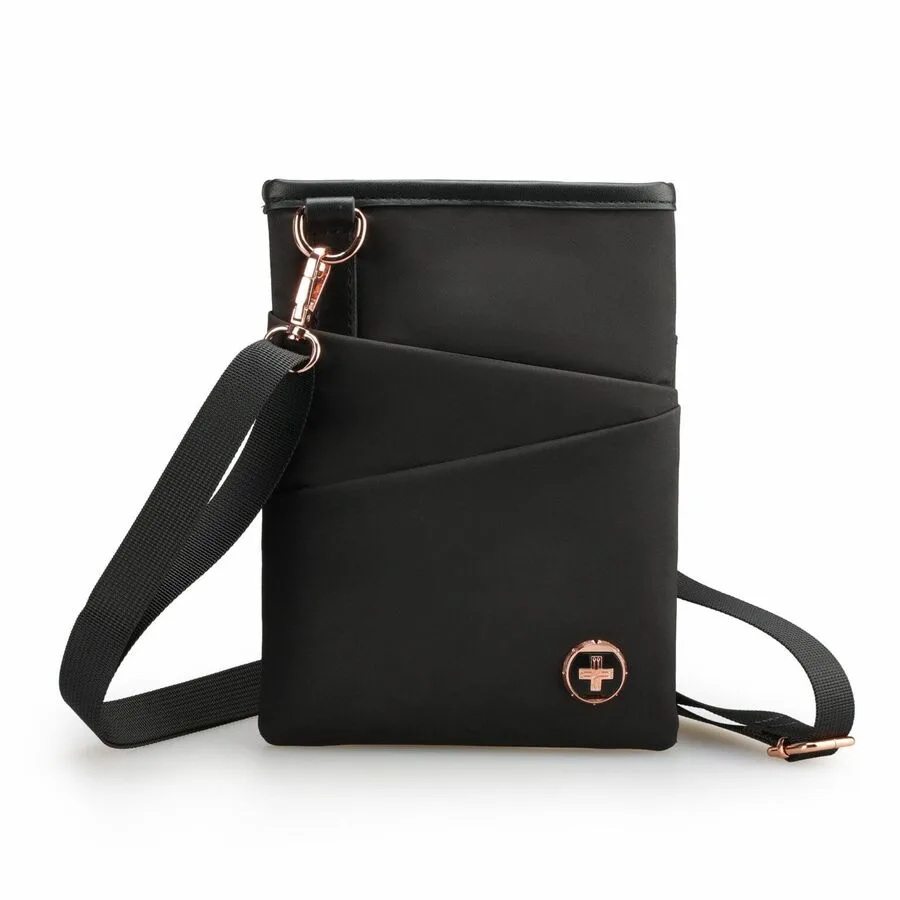 Black sling bag with rose gold zip, compact rectangular shape, RFID pocket, USB-C port, LED light, eco fabric