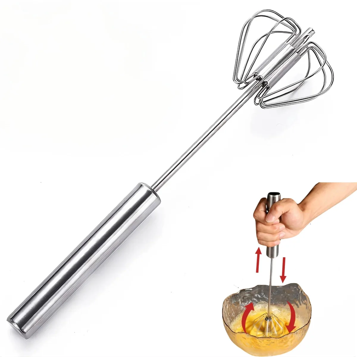 Silver stainless steel semi-automatic whisk, 10 inch handle, press-to-rotate wire head