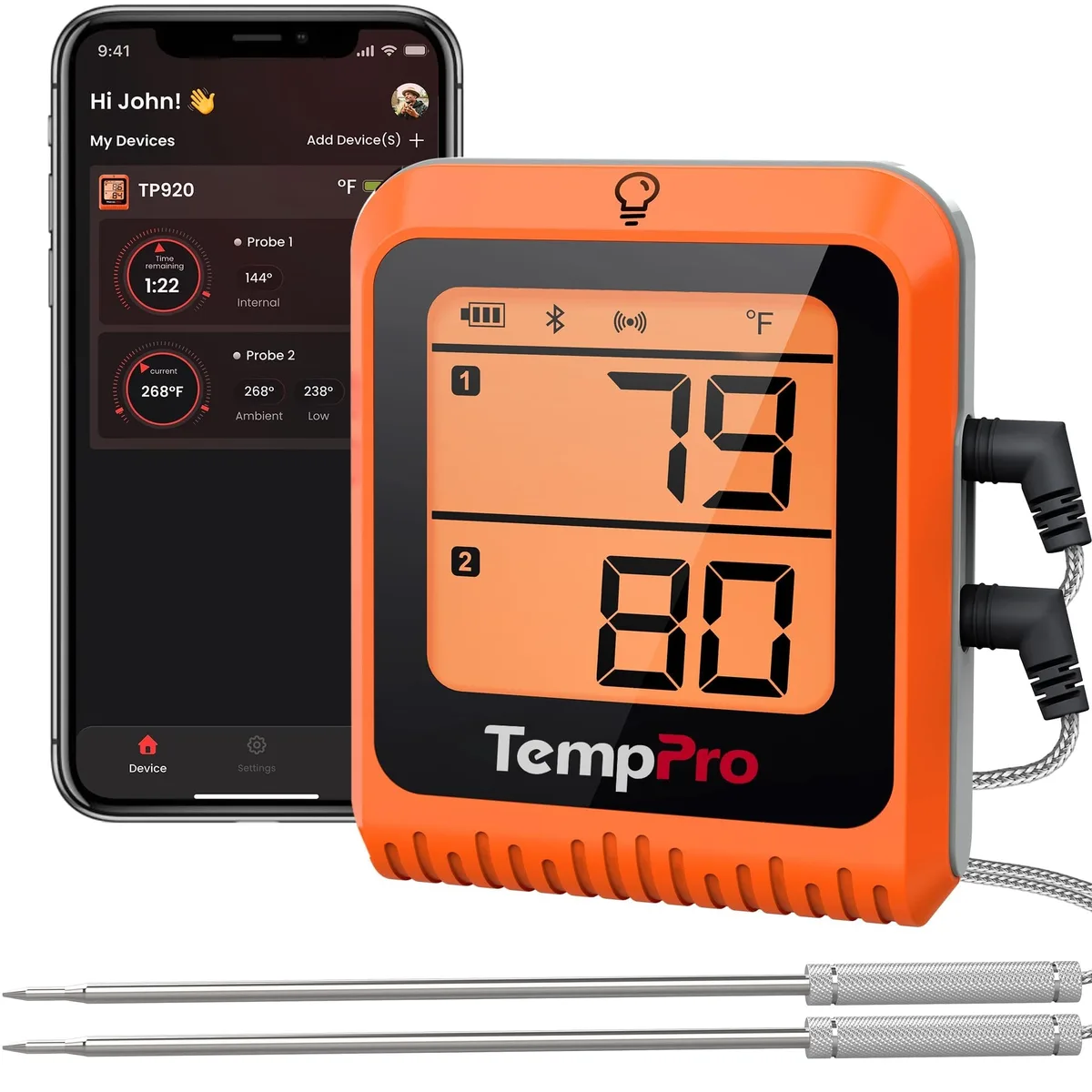 Black Bluetooth meat thermometer base unit with two stainless steel probes, LCD screen showing dual temperatures