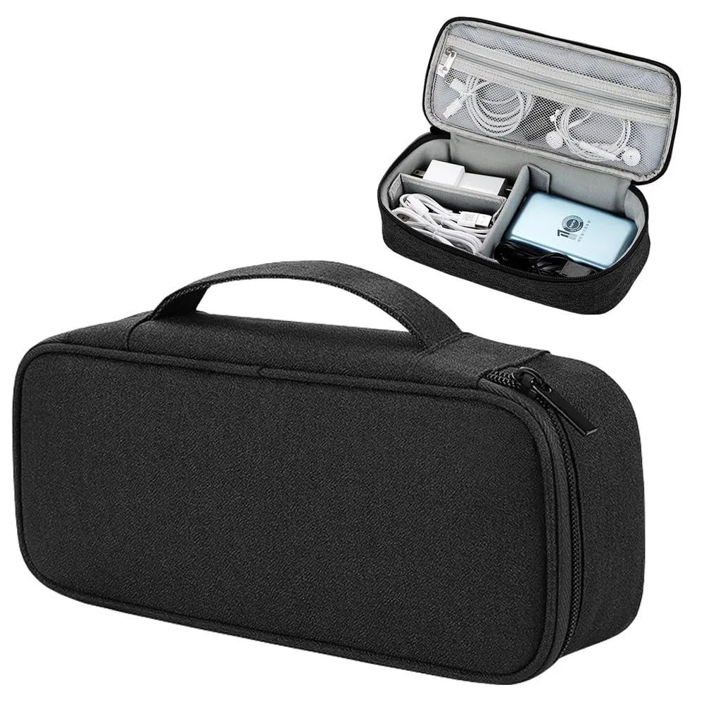 Black rectangular tech organiser pouch with zipper closure and top carry handle, water-resistant fabric finish
