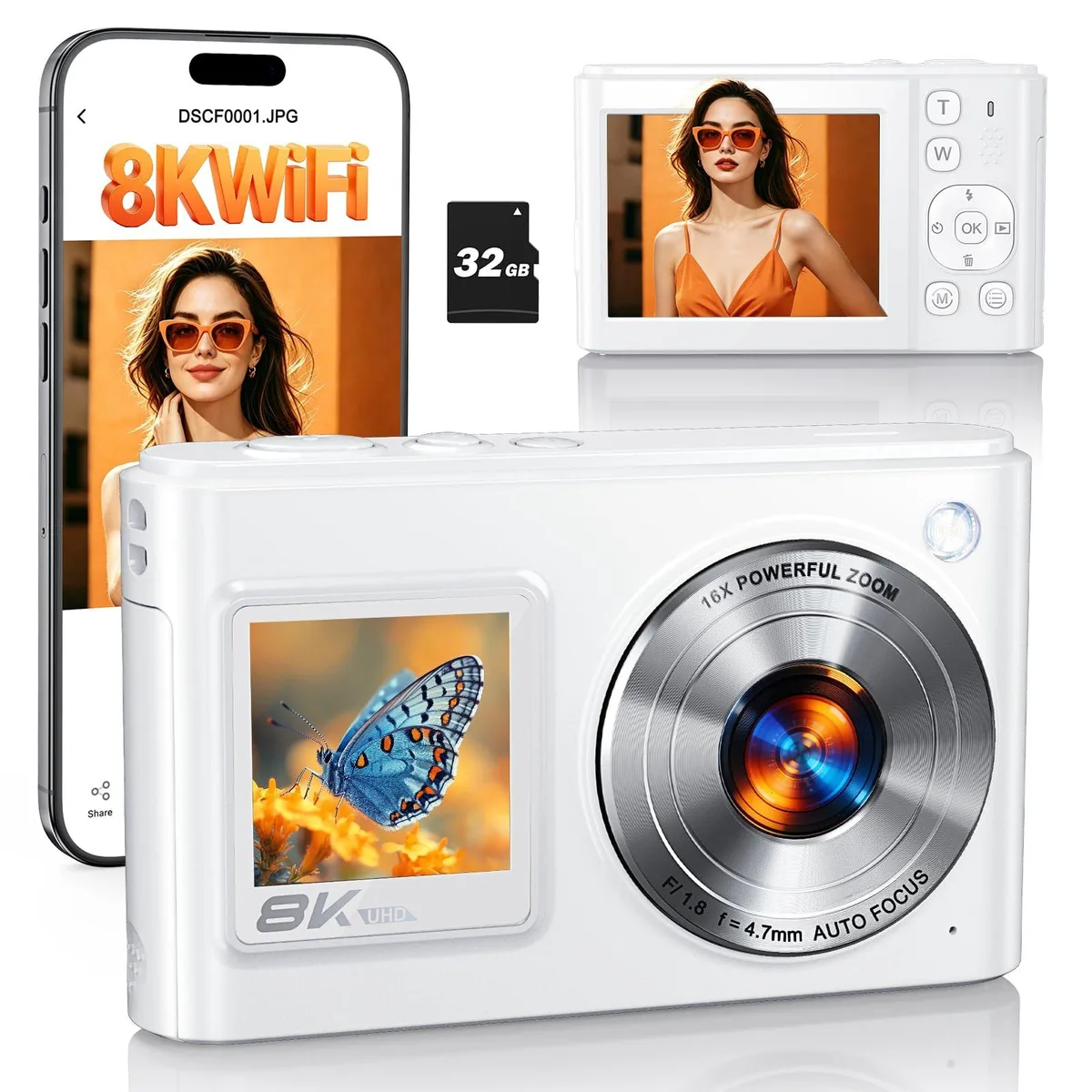  SIXTARY 96MP 16X Digital Zoom Point &amp; Shoot Camera White — product photo